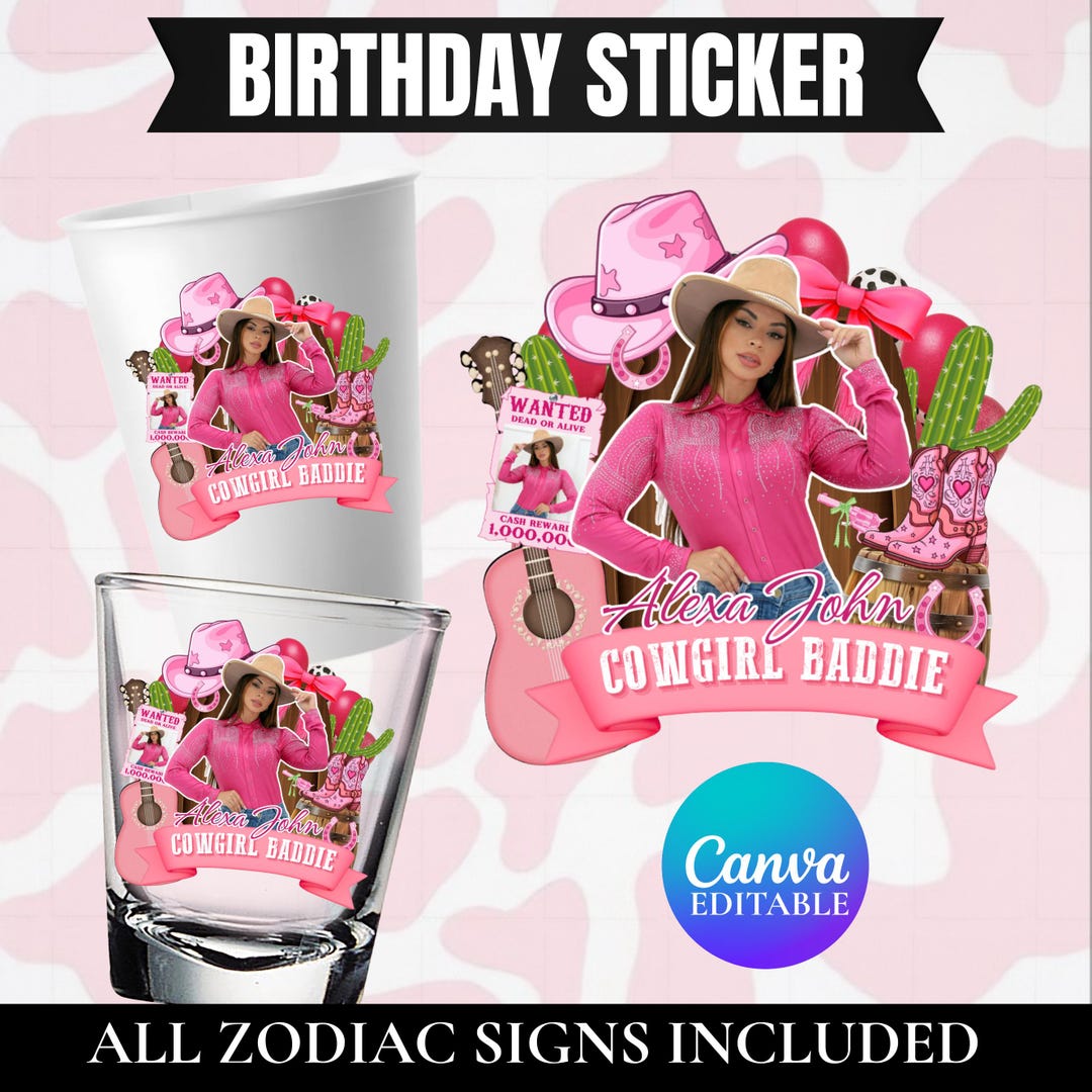 Cow Girl Baddie Birthday Sticker, Cow Girl Pink Styrofoam Cup Sticker ...