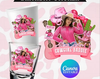 Adesivo di compleanno Cow Girl Baddie, adesivo di tazza di polistirolo rosa Cow Girl, bicchierino da shot e design per maglietta, tutti i segni zodiacali, modello Canva