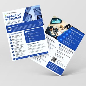 May include: Two blue and white flyers with the text "CAPABILITY STATEMENT" and company details. One flyer lists core capabilities and NAICS codes. The other highlights differentiators and certifications.