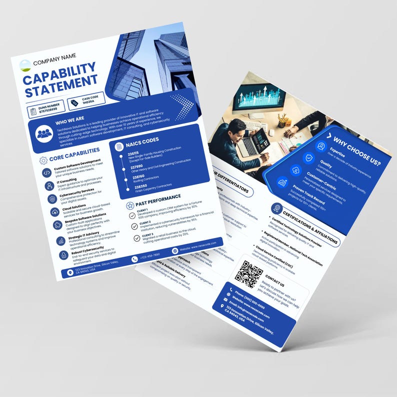 May include: Two blue and white flyers with the text "CAPABILITY STATEMENT" and company details. One flyer lists core capabilities and NAICS codes. The other highlights differentiators and certifications.