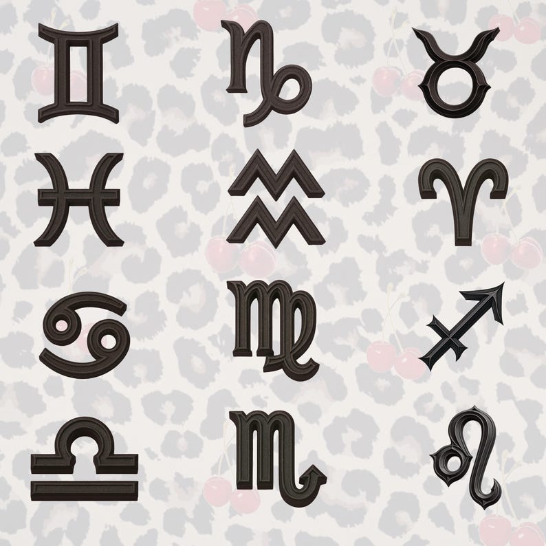 Puede incluir: Una colecci&oacute;n de s&iacute;mbolos del zodiaco marr&oacute;n oscuro, incluyendo G&eacute;minis, Capricornio y Tauro, sobre un fondo claro con un estampado de leopardo. Los s&iacute;mbolos son tridimensionales y estilizados.