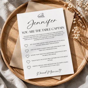 Könnte beinhalten: Eine weiße rechteckige Karte mit schwarzem Text und einem Kapitänsmützen-Symbol. Der Text lautet: Jennifer YOU ARE THE TABLE CAPTAIN. Sie listet Hochzeitsaufgaben auf, wie Servietten schwenken und Fotos machen. Die Karte endet mit Proud Moment!