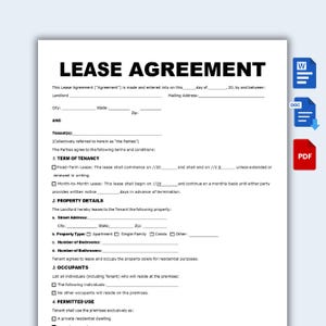 May include: A white document titled LEASE AGREEMENT with black text and blank lines for filling in landlord, tenant, and property details. The form includes sections for term of tenancy, property details, occupants, and permitted use with checkboxes.