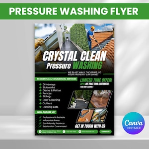 May include: A flyer for pressure washing services, featuring the text "CRYSTAL CLEAN Pressure WASHING." The flyer lists services like driveways, decks, and siding. It also includes a limited-time offer for first-time customers.