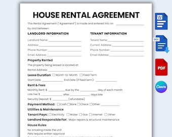 One Page HausMietvertrag,WohnMietvertrag,Wohnwohnungsvertrag, Mietvertrag, Canva Vorlage
