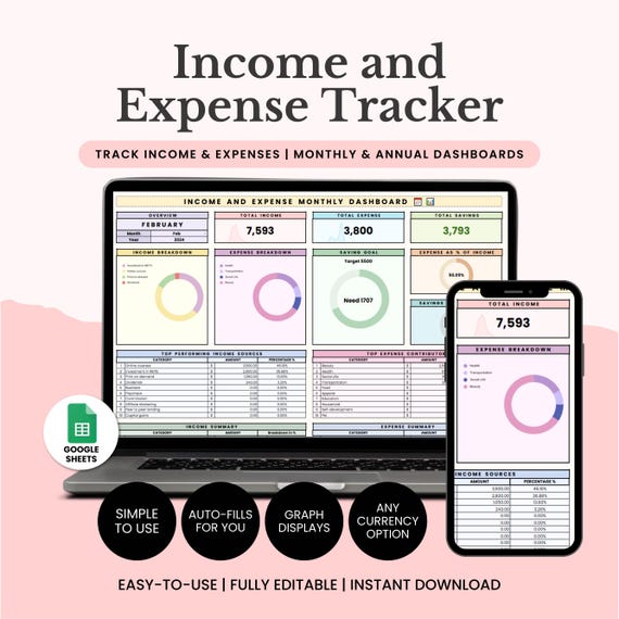 Income and Expense Tracker Spreadsheet, Personal Financial Google Sheets, Monthly Expense Tracker Debt Tracker Business Profit Loss Template