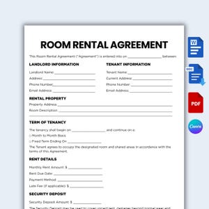 May include: A white Room Rental Agreement document with black text featuring sections for Landlord Information, Tenant Information, Rental Property, Term of Tenancy, Rent Details, and Security Deposit, accompanied by file format icons on the right.