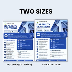 May include: Two Capability Statement flyers, one US Letter size (21.6 x 27.9 cm) and one A4 size (21.0 x 29.7 cm). Both feature a blue and white design with the text "CAPABILITY STATEMENT" and company information. The flyers list core capabilities and NAICS codes.