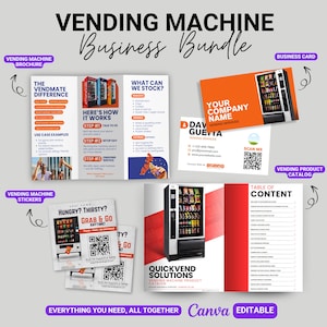 Op de afbeelding: Een zakelijke bundel voor verkoopautomaten, inclusief een brochure, visitekaartje, stickers en productcatalogus. De brochure beschrijft het Vendmate-verschil en hoe het werkt. De visitekaartje toont een afbeelding van een verkoopautomaat en contactgegevens.