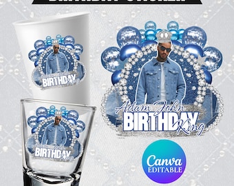 Adesivi di compleanno con motivo denim e diamanti blu, adesivi di compleanno con motivo uomo blu, adesivi per bicchieri di polistirolo, design per magliette, adesivi con motivo denim e diamanti