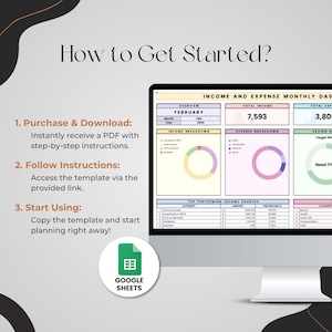 Puede incluir: Una pantalla de ordenador que muestra una plantilla de Google Sheets para hacer un seguimiento de los ingresos y gastos. La plantilla incluye una visi&oacute;n general mensual, desgloses de ingresos y gastos, y las principales fuentes de ingresos. La pantalla tambi&eacute;n incluye el texto "&iquest;C&oacute;mo empezar?" y una lista de pasos para usar la plantilla.