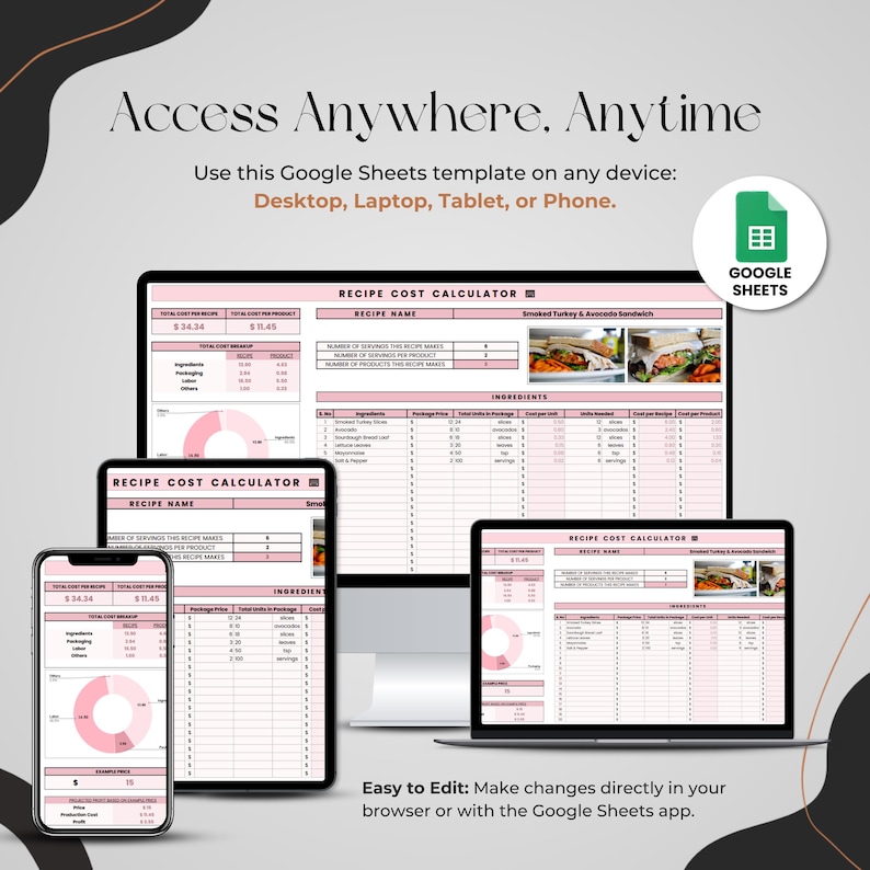 May include: A Google Sheets template for calculating recipe costs. The template includes a section for recipe name, number of servings, ingredients, and cost per serving. The template is shown on a desktop computer, a laptop, a tablet, and a smartphone. The text "Easy to Edit: Make changes directly in your browser or with the Google Sheets app." is displayed at the bottom of the image.