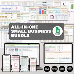 May include: A digital business bundle displayed on various devices, including a laptop, tablet, and smartphones. The bundle features financial spreadsheets with charts and graphs, and the text "ALL-IN-ONE SMALL BUSINESS BUNDLE" is prominently displayed.