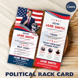 Op de afbeelding: Dubbelzijdige politieke kaart met de naam Jane Smith. Het ontwerp is rood, wit en blauw, met de Amerikaanse vlag. De tekst "VOTE!" en "FOR CITY COUNCIL" is inbegrepen.
