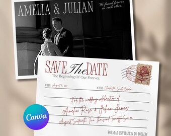 Vorlage für eine Save-the-Date-Postkarte im Stil des alten Geldes, burgunderrote Hochzeitseinladung, Canvas-Vorlage für eine Vintage-Hochzeitsfotokarte