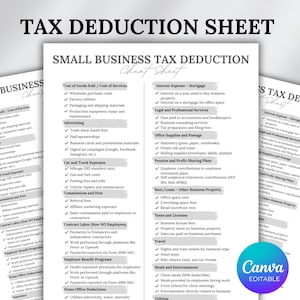 May include: A black and white printable tax deduction cheat sheet for small businesses. The sheet lists common business expenses that can be deducted from taxes, including cost of goods sold, advertising, car and truck expenses, commissions and fees, contract labour, employee benefit programmes, home office deductions, interest expense, legal and professional services, office supplies and postage, pension and profit-sharing plans, rent/lease, taxes and licences, travel, meals and entertainment, and utilities.