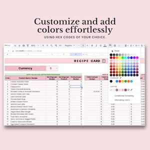 May include: A spreadsheet with a pink background and a title that says "Recipe Card". The spreadsheet has columns for product name, servings per recipe, servings per product, products per recipe, total cost per recipe, and total cost per product. The spreadsheet also has a color palette with a variety of colors to choose from.