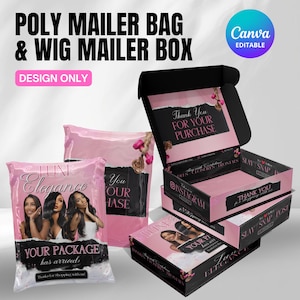 Könnte beinhalten: Rosa Poly-Versandtaschen und Wig Mailer Boxen mit schwarzen und rosa Akzenten. Die Taschen und Boxen tragen den Text "Luxe Elegance" und "Your Package Has Arrived". Auf den Boxen steht auch "Thank You For Your Purchase".