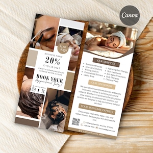 Może przedstawiać: Ulotka promocyjna dla salonu kosmetycznego i pielęgnacji skóry. Ulotka zawiera zdjęcia zabiegów na twarz i wymienia usługi takie jak zabiegi na twarz, woskowanie i zabiegi przeciwstarzeniowe. Ulotka zawiera ofertę 20% zniżki i dane kontaktowe.