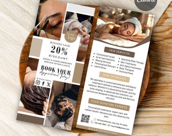 May include: A promotional flyer for a beauty and skincare business. The flyer features images of facial treatments and lists services such as facials, waxing, and anti-aging treatments. The flyer includes a 20% discount offer and contact information.