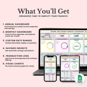 Puede incluir: Un ordenador port&aacute;til con una hoja de c&aacute;lculo de Google Sheets abierta en la pantalla. La hoja de c&aacute;lculo es un panel de control mensual de ingresos y gastos con gr&aacute;ficos y diagramas. La hoja de c&aacute;lculo se titula "Panel de control mensual de ingresos y gastos". La hoja de c&aacute;lculo muestra un ingreso total de $ 7.593 y un gasto total de $ 3.800. La hoja de c&aacute;lculo tambi&eacute;n muestra un objetivo de ahorro de $ 5.000 y una necesidad de $ 1.707.