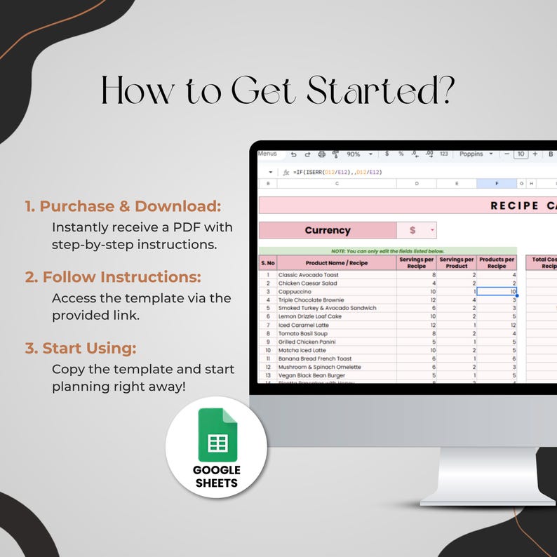 May include: A computer screen displaying a Google Sheets spreadsheet with a recipe cost calculator. The spreadsheet has columns for product name, servings per recipe, servings per product, products per recipe, and total cost per recipe. The spreadsheet is titled "Recipe Cost Calculator".