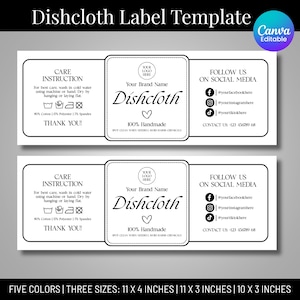 Op de afbeelding: Witte vaatdoek label sjabloon met zwarte tekst. Het label bevat onderhoudsinstructies, merknaam en contactgegevens voor sociale media. Verkrijgbaar in vijf kleuren en drie maten: 28 x 10 cm, 28 x 8 cm en 25 x 8 cm.