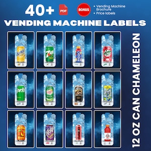 Könnte beinhalten: Werbebild für Automatenetiketten. Das Bild zeigt ein Raster verschiedener 355 ml Dosenetiketten, darunter Sunkist, 7up und Caprisun. Der Text enthält "40+", "Vending Machine Labels" und "12 OZ CAN CHAMELEON".