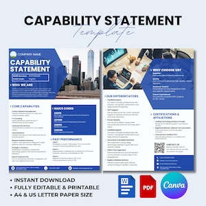 May include: A two-page capability statement template in blue and white featuring sections for company name, core capabilities, NAICS codes, past performance, differentiators, and contact details. Includes icons for Word, PDF, and Canva file formats.