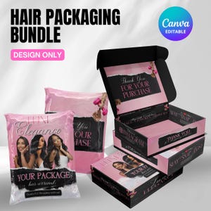 Paquete de empaques para cabello, diseños de cajas personalizadas prediseñadas para negocios de cabello, plantilla de Canva para cajas de cabello