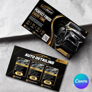 May include: Two rectangular business cards for Drive Bright Auto Detailing featuring a black and gold colour scheme. The cards display service packages, pricing, contact information, a QR code, and a graphic of a black car with gold accents.