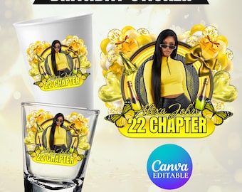 Adesivo per compleanno a tema giallo, adesivo per bicchiere di polistirolo, bicchierino da shot, tutti i segni zodiacali, design per maglietta, modello Canva, download immediato
