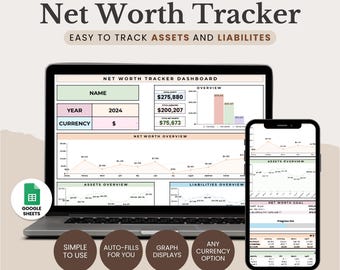Net Worth Tracker Google Sheets Template, Net Worth Calculator, Personal Finance Planner, Assets & Liabilities Template, Investment Tracker