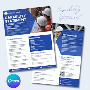 May include: A blue and white capability statement with the text "Capability Statement" and "Company Name". The document lists core capabilities, NAICS codes, past performance, and why to choose the company. The Canva logo is in the bottom left.