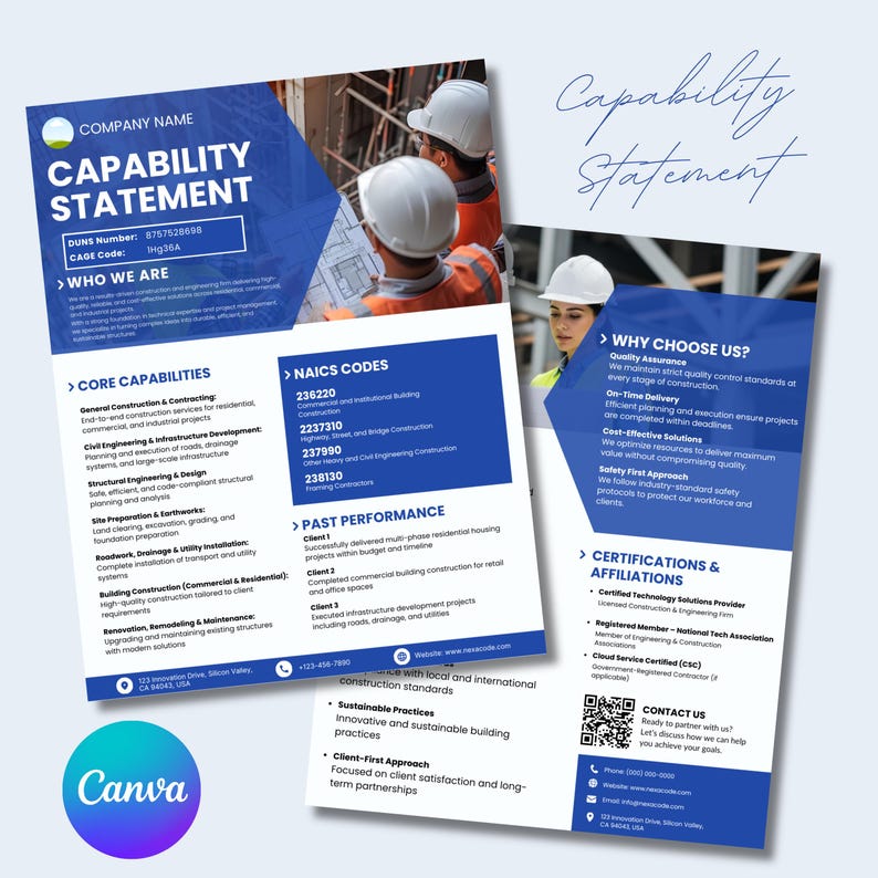May include: A blue and white capability statement with the text "Capability Statement" and "Company Name". The document lists core capabilities, NAICS codes, past performance, and why to choose the company. The Canva logo is in the bottom left.