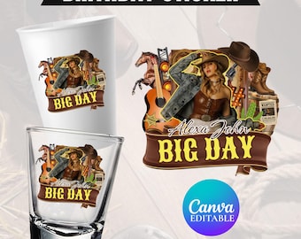 Adesivo per compleanno in stile western, adesivo per tazza di polistirolo con scritta "Hoedown", bicchierino da shot, tutti i segni zodiacali, design per maglietta, modello Canva scaricabile all'istante