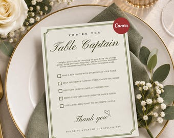 Wedding Table Captains Game, Minimalist Guest Icebreaker Activity, Table Captain Card Template, Reception Game & Checklist