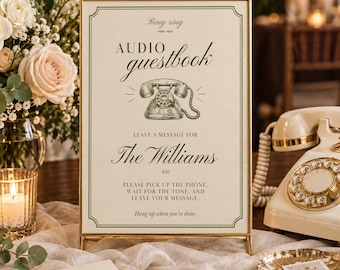 Wedding Audio Guest Book Sign Template, Voicemail Guestbook Phone Sign, Editable Ring Ring Sign Canva Template