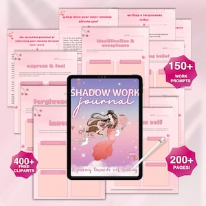 Puede incluir: Un diario digital de trabajo de sombras con una portada rosa y morada que presenta una ilustración de una mujer. El diario incluye más de 150 indicaciones de trabajo, más de 400 imágenes prediseñadas gratuitas y más de 200 páginas.