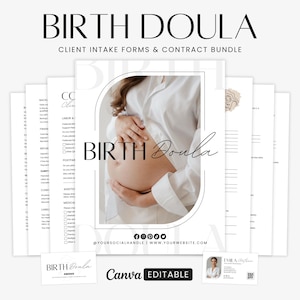 May include: A digital bundle of birth doula client intake forms and contracts featuring a central document with a photo of a pregnant person. The text reads BIRTH DOULA CLIENT INTAKE FORMS & CONTRACT BUNDLE, with social media icons and Canva EDITABLE.