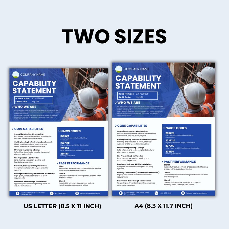 May include: Two-page document titled "CAPABILITY STATEMENT" with a blue and white design. The document includes company information, core capabilities, NAICS codes, and past performance details. The document is available in US Letter (8.5 x 11 inch) and A4 (8.3 x 11.7 inch) sizes.