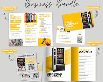 Pacchetto marketing aziendale per distributori automatici, brochure modificabile per distributori automatici, catalogo prodotti per distributori automatici, adesivi per distributori automatici, biglietti da visita, Canva