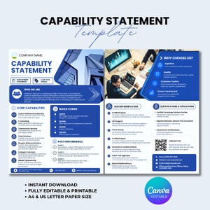 May include: A blue and white capability statement template with the text "CAPABILITY STATEMENT" at the top. The document includes sections for company information, core capabilities, and certifications. It is fully editable and printable, available in A4 and US letter sizes.