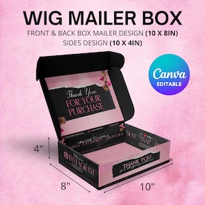 Könnte beinhalten: Eine rosa und schwarze Versandbox für Perücken mit dem Text "Thank You for Your Purchase" auf der Vorderseite. Die Box ist 25,4 cm breit, 20,3 cm lang und 10,2 cm hoch.