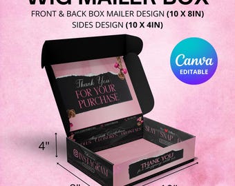 Diseño de caja para pelucas, diseño de caja personalizada prediseñada, diseño de caja con frente de encaje, diseño de caja DIY para negocios de belleza, plantilla de Canva