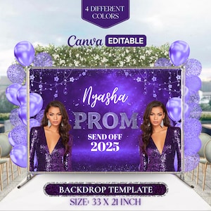 May include: Purple and silver prom backdrop template with the name Nyasha and the year 2025. The backdrop is decorated with silver glitter and purple flowers. The template is 33 inches by 21 inches.