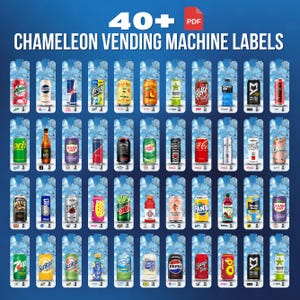 May include: A digital collection of 40+ Chameleon Vending Machine Labels in PDF format. The image displays a grid of rectangular labels, each featuring a unique beverage can graphic against an icy blue background, including various soda and juice brands.