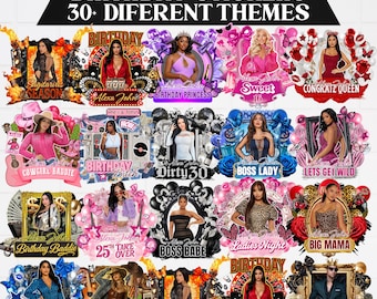 Geburtstags-Design-Vorlagen-Bundle, 30 + Geburtstagsaufkleber, Styroporbecher-Aufkleber, T-Shirt-Designs, bearbeitbarer rosa Gepard, Cowgirl, Kasino, Y2k Design