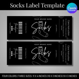 Pode incluir: Modelo de etiqueta de meias preta com texto e gráficos brancos. A etiqueta inclui o texto "Socks", "Your Brand Name", "Thank you" e instruções de cuidado. A etiqueta está disponível em três tamanhos: 28 x 10 cm, 25 x 8 cm e 23 x 8 cm.