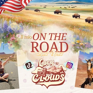 Può includere: Un'immagine di collage con il testo "Il mio ON THE ROAD Stati Uniti" e "Lucy the CLOUDS" con un'icona della fotocamera, un logo TikTok e un logo Instagram. L'immagine include anche tre foto di una persona in luoghi diversi degli Stati Uniti.